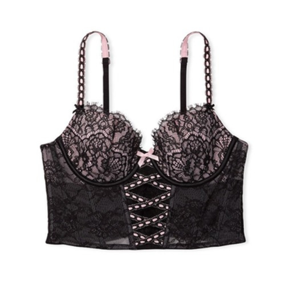 Victoria's Secret Dream Angels Demi Lace-Up Corset Top Bra M-DD Black Pink